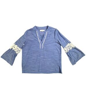 LOFT Blue Cotton Chambray Lace Bell Sleeve Split Neck Blouse Top Womens Medium